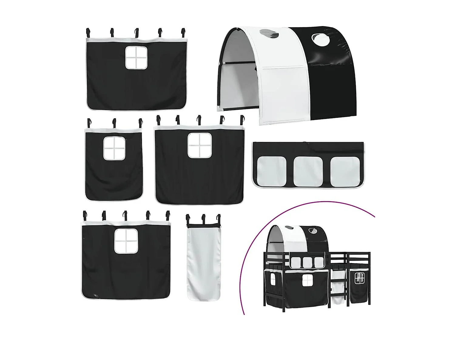 Cama alta criança c/ túnel 90x190 cm pinho maciço branco/preto