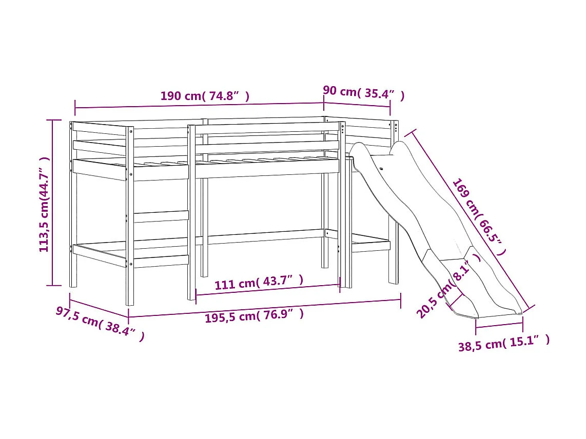 Cama alta criança c/ torre 90x190 cm pinho maciço branco/preto