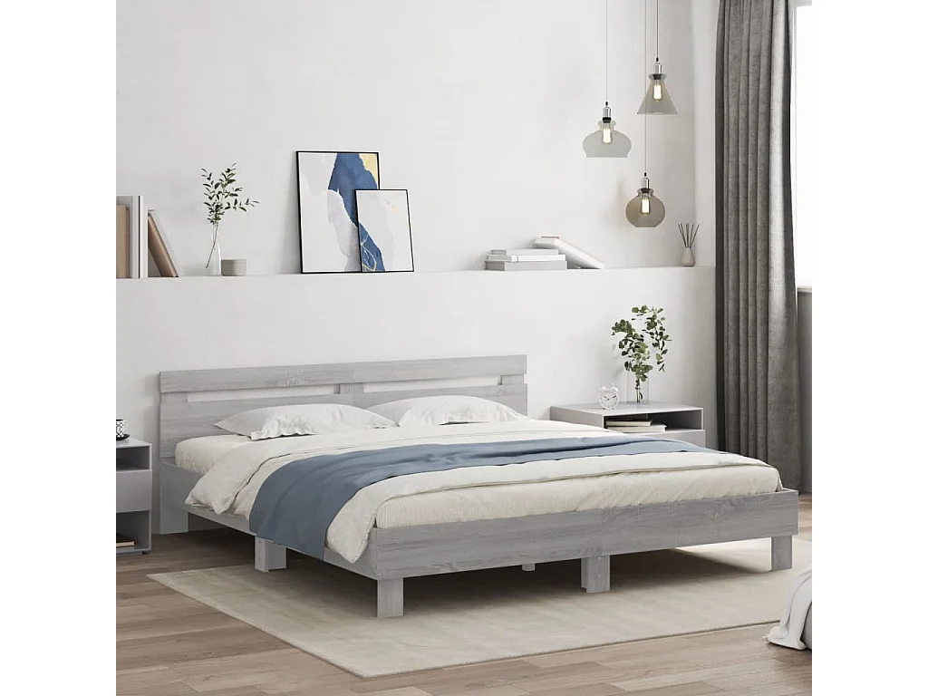 Estrutura de cama c/ cabeceira derivados madeira cinza sonoma