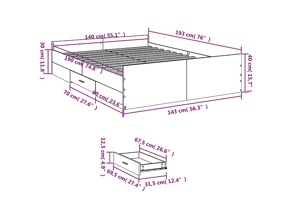 Cadre de lit avec tiroirs sans matelas blanc 140x190 cm