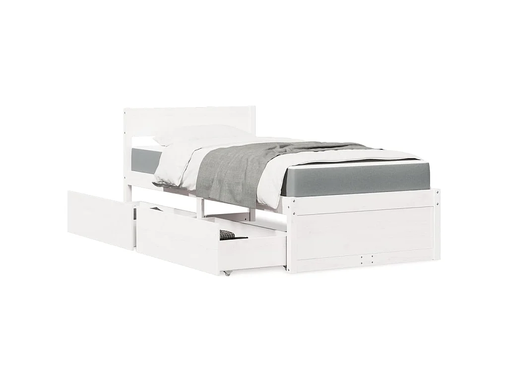 Cama com gavetas e colchão 100x200 cm pinho maciço branco