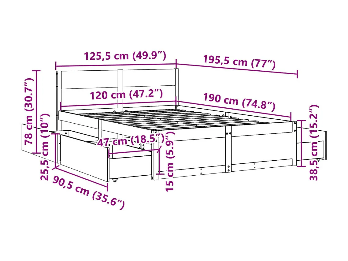 Bedframe zonder matras massief grenenhout wit 120x190 cm