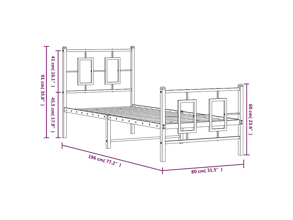 Cadre de lit métal sans matelas avec pied de lit noir 75x190 cm