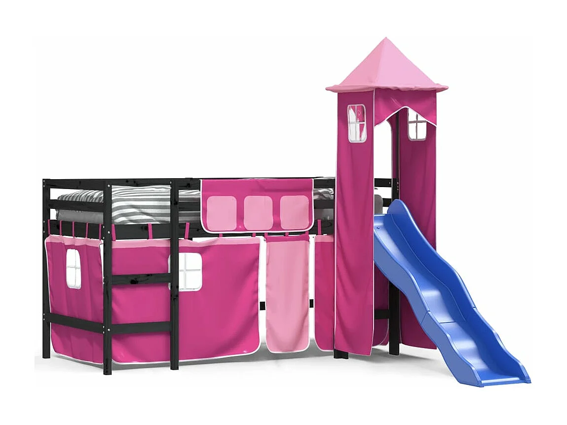 Kinderhoogslaper met toren 90x200 cm massief grenenhout roze