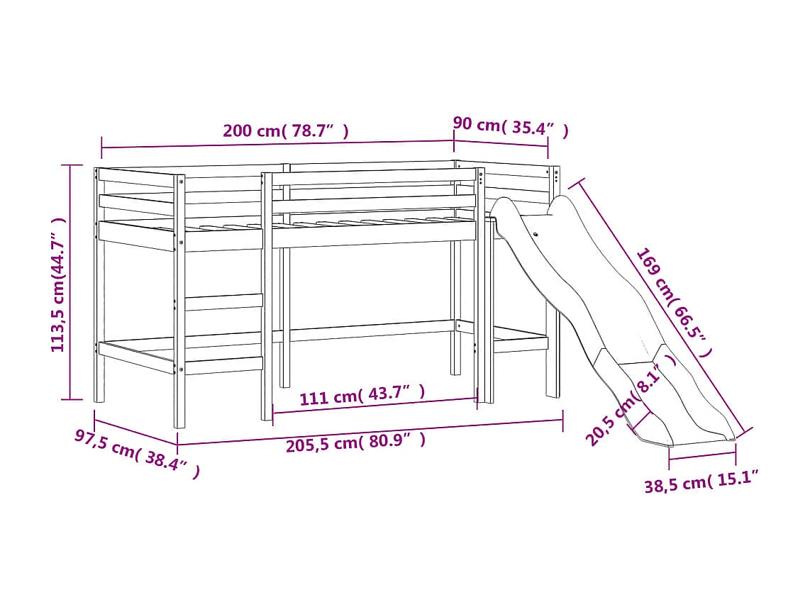 Kinderhoogslaper met toren 90x200 cm massief grenenhout roze
