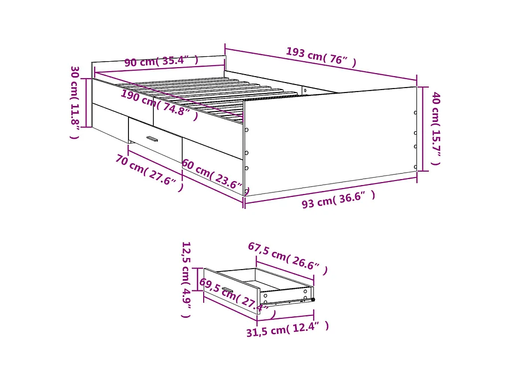 Cadre de lit avec tiroirs sans matelas chêne sonoma 90x190 cm