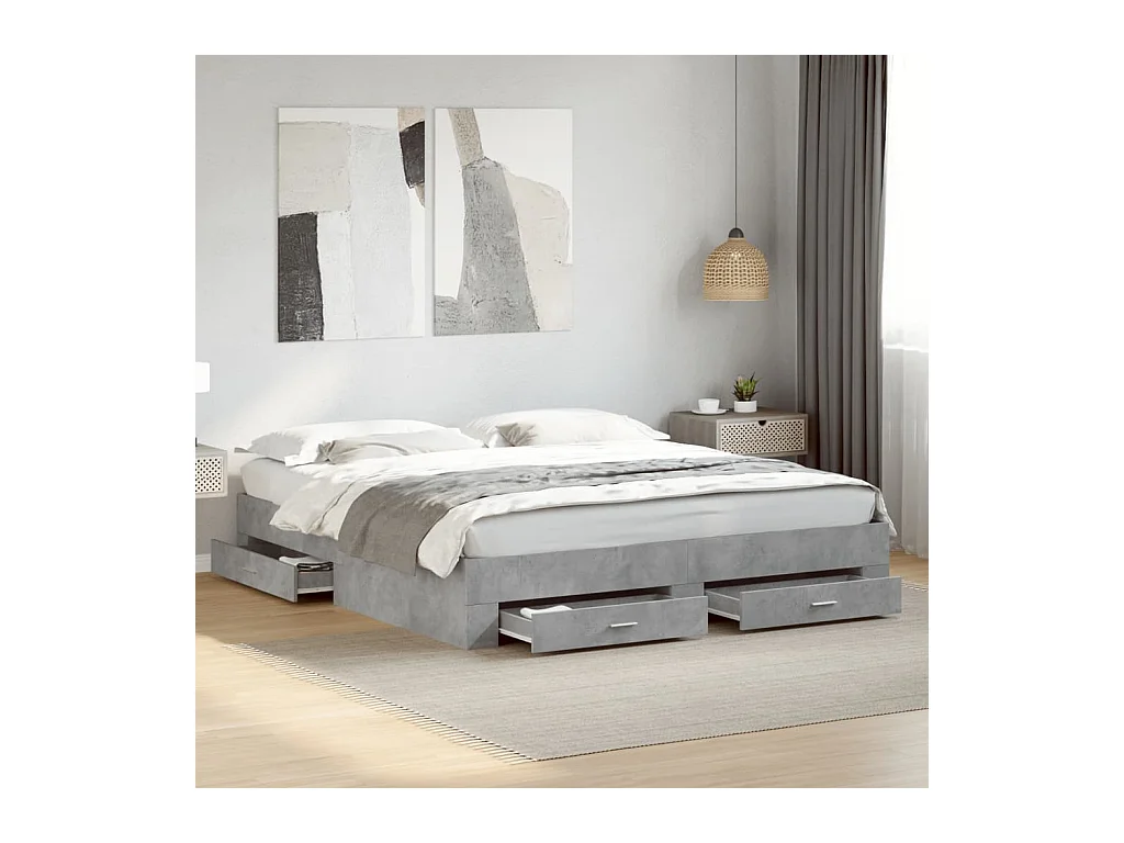 Cadre de lit avec tiroirs sans matelas gris béton 200x200 cm