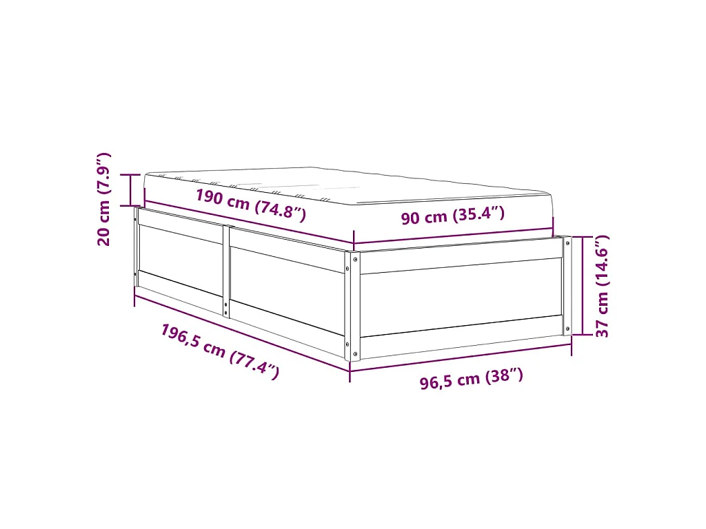 Letto con Materasso 90x190 cm in Legno Massello di Pino