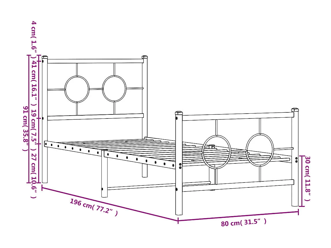 Estrutura de cama com cabeceira e pés 75x190 cm metal preto
