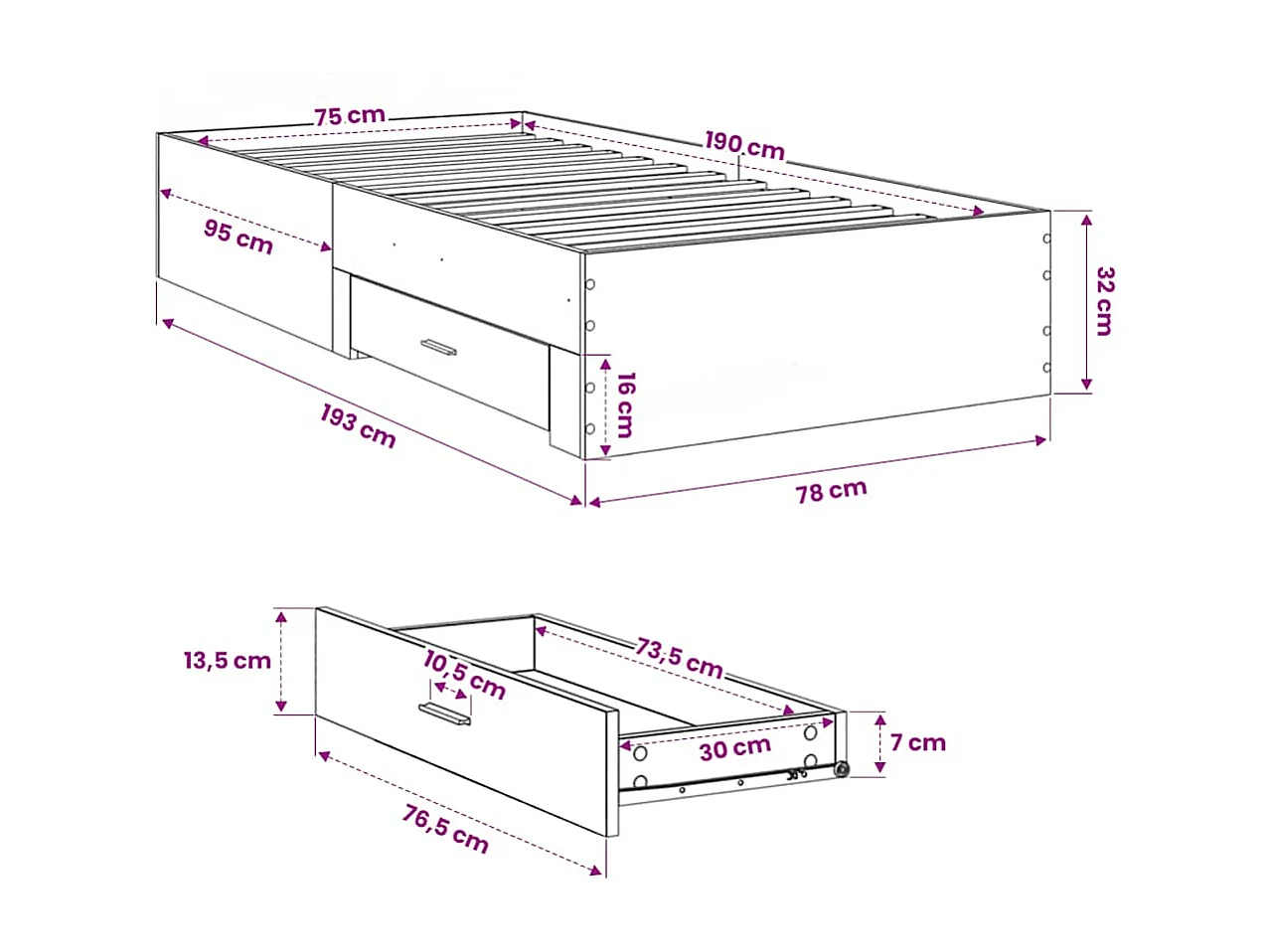 Cadre de lit avec tiroirs sans matelas gris béton 75x190 cm