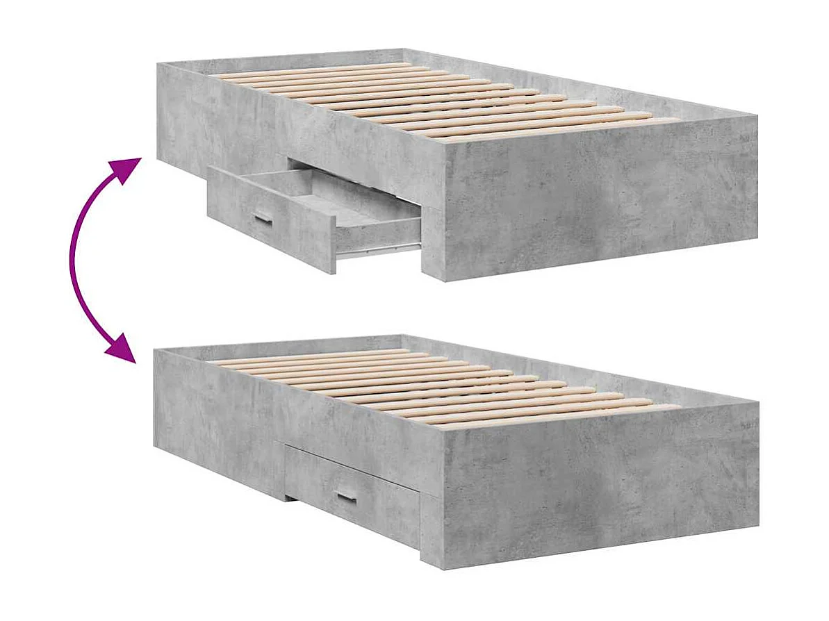 Cadre de lit avec tiroirs sans matelas gris béton 75x190 cm
