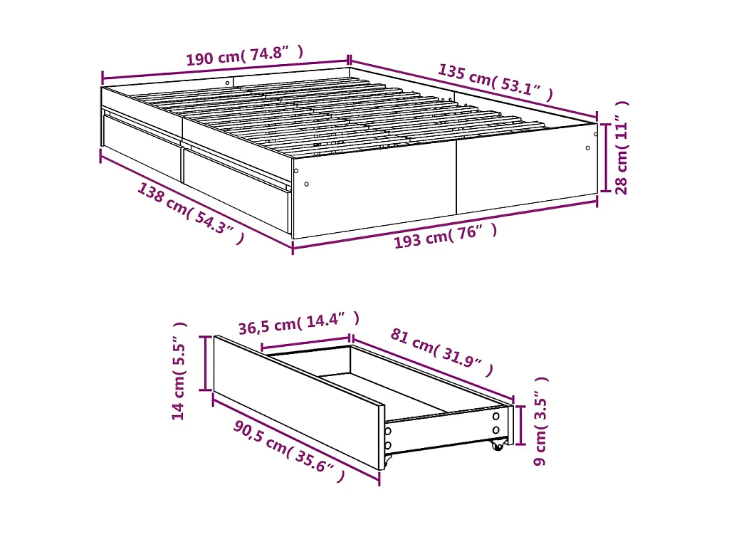 Cadre de lit avec tiroirs sans matelas blanc 135x190 cm
