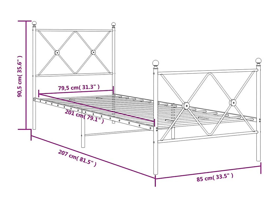 Bedframe met hoofd- en voeteneinde metaal zwart 80x200 cm
