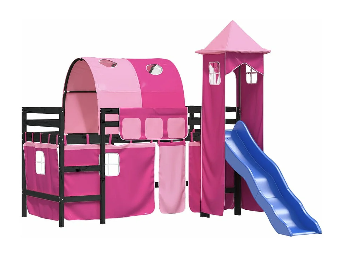 Cama alta para criança com torre 90x190 cm pinho maciço rosa