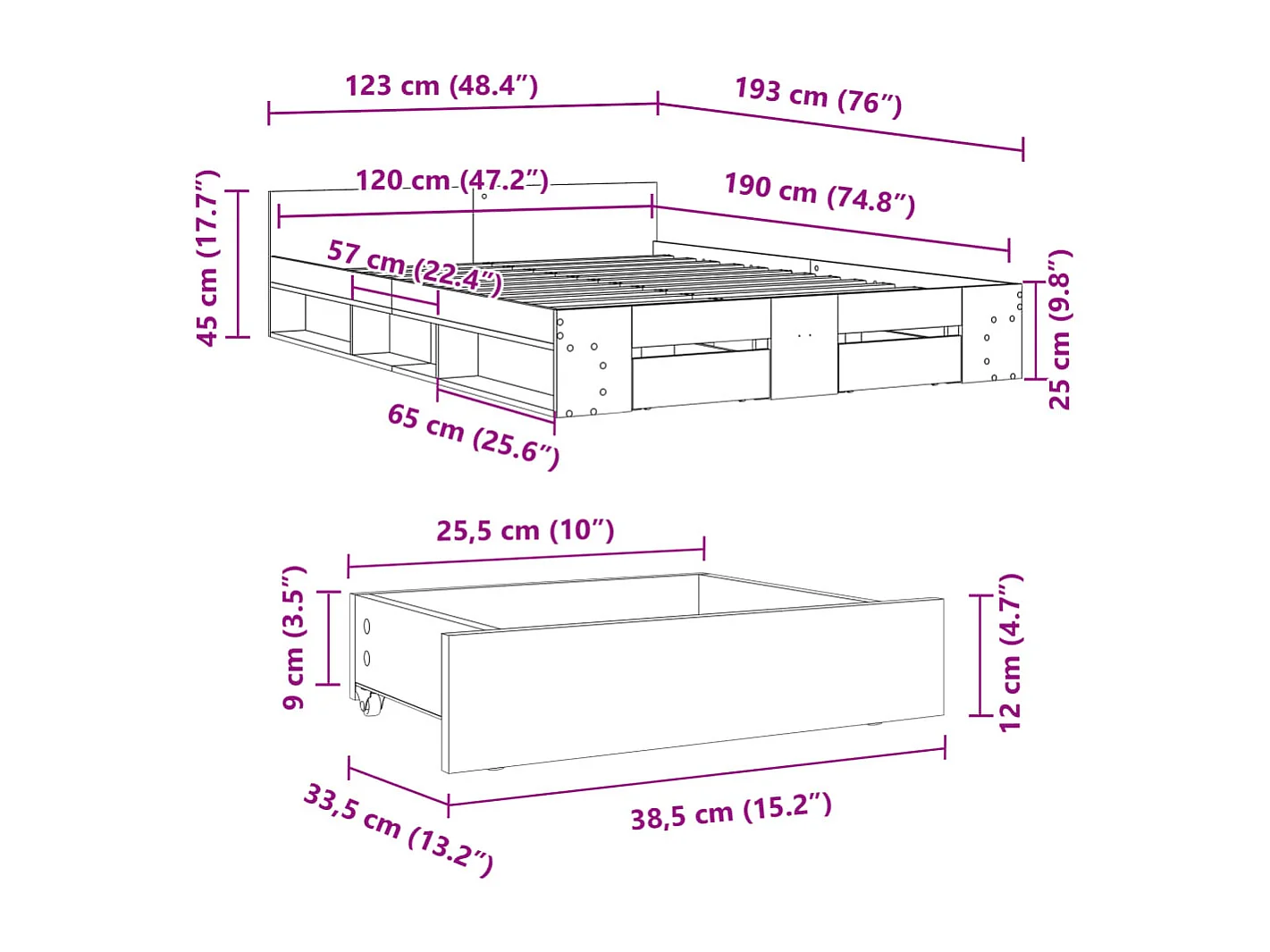 Bettgestell mit Schubladen Grau Sonoma 120x190 cm Holzwerkstoff