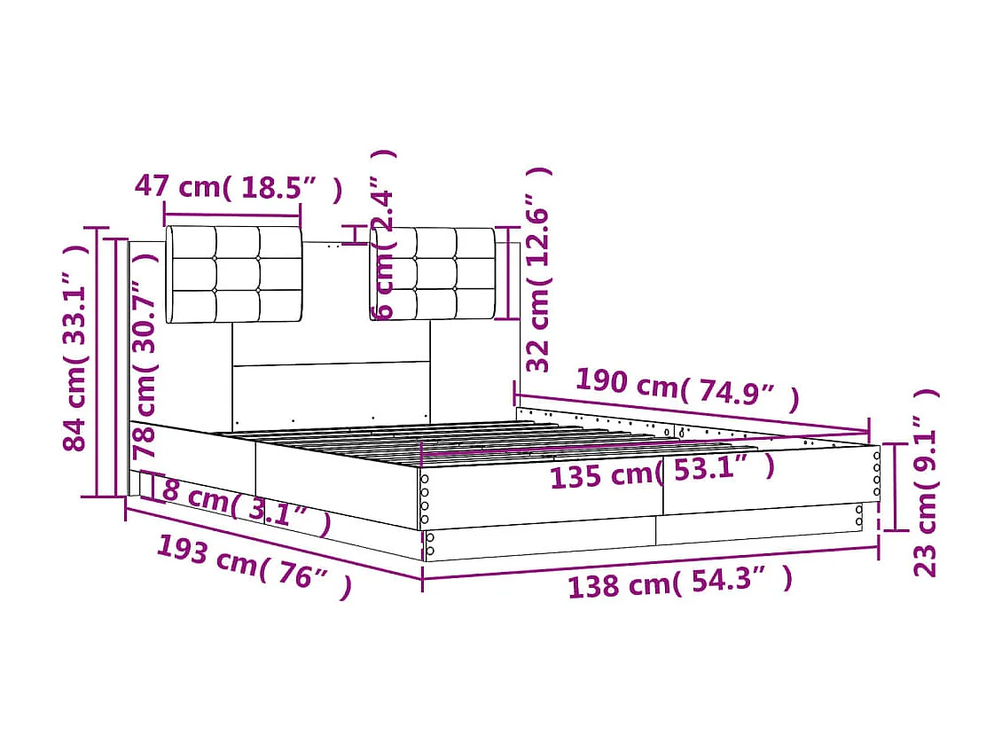 Bedframe met hoofdeinde en LED bruin eikenkleur 135x190 cm