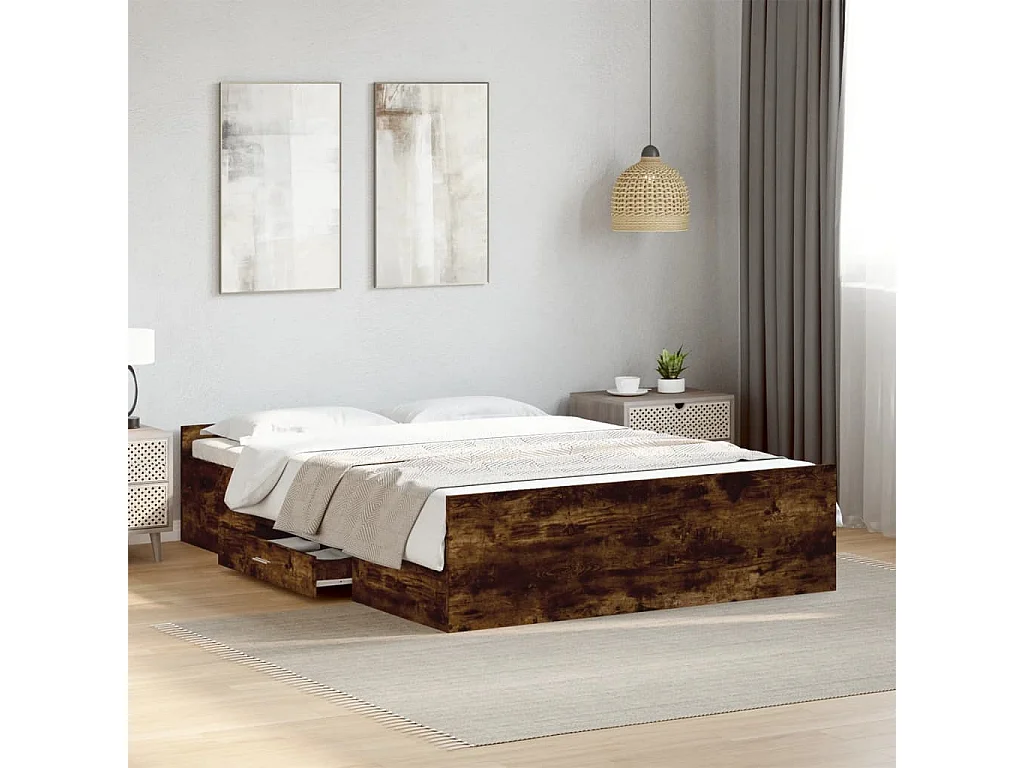 Cadre de lit avec tiroirs sans matelas chêne fumé 120x190 cm