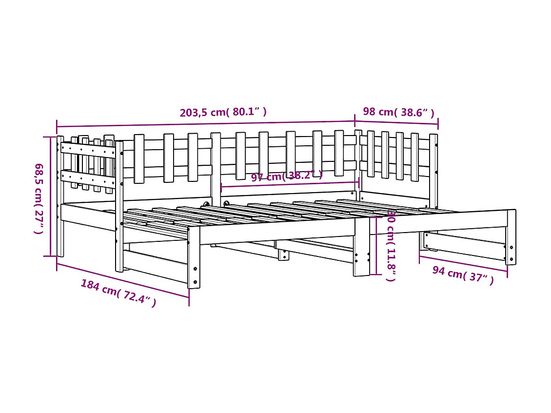 Slaapbank uitschuifbaar massief grenenhout 2x(90x200) cm