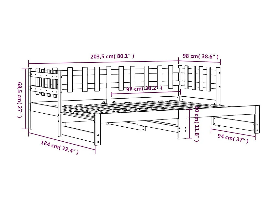 Slaapbank uitschuifbaar massief grenenhout 2x(90x200) cm