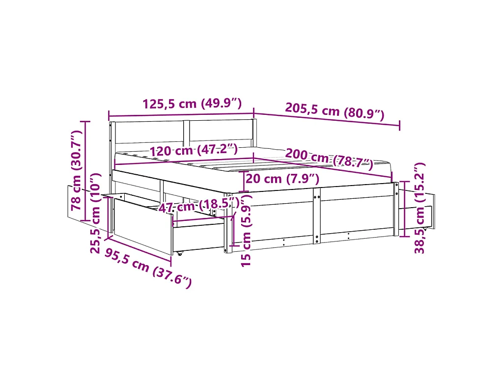 Lit avec tiroirs et matelas 120x200 cm bois massif de pin