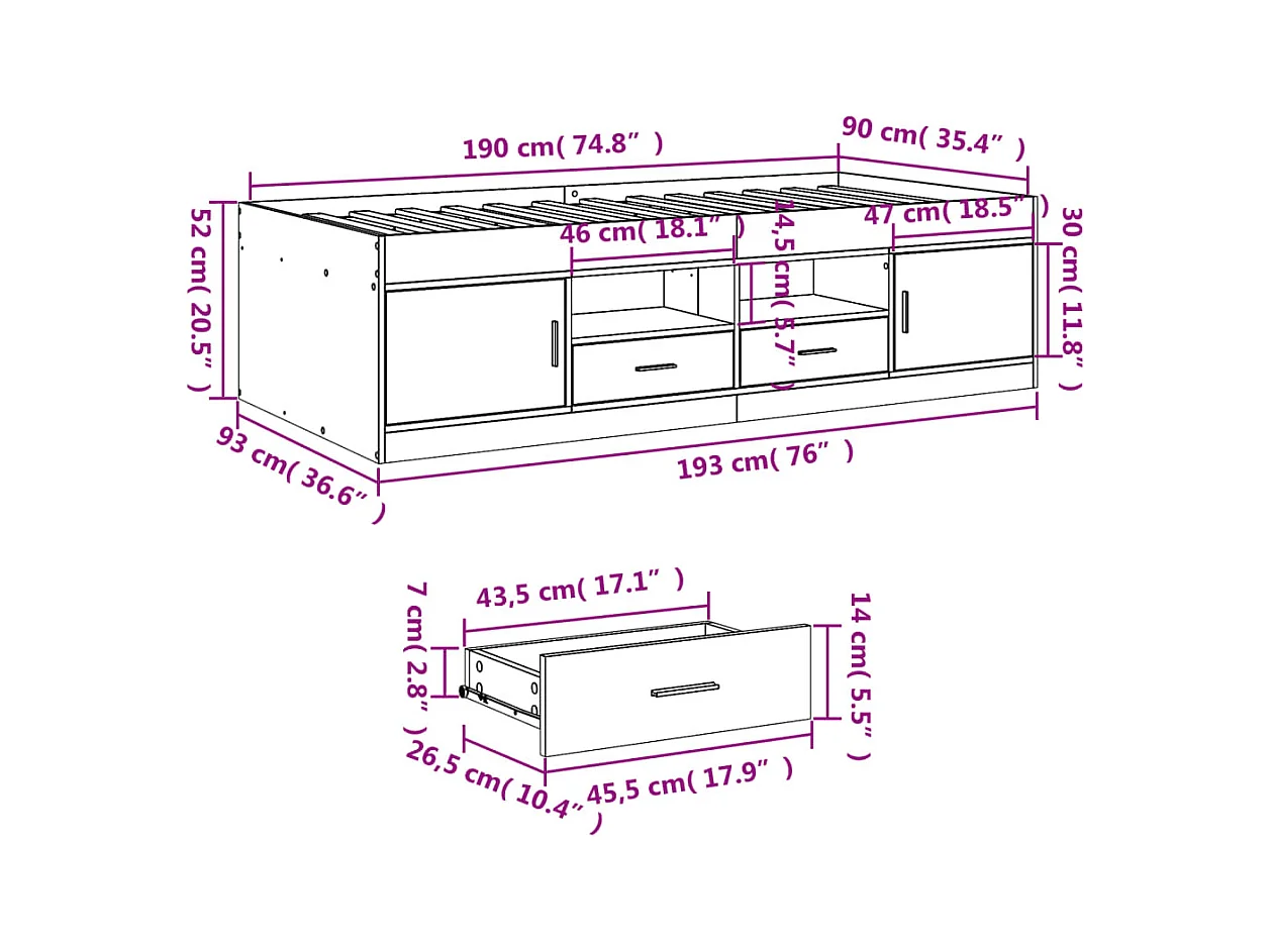 Tagesbett mit Schubladen ohne Matratze Schwarz 90x190 cm