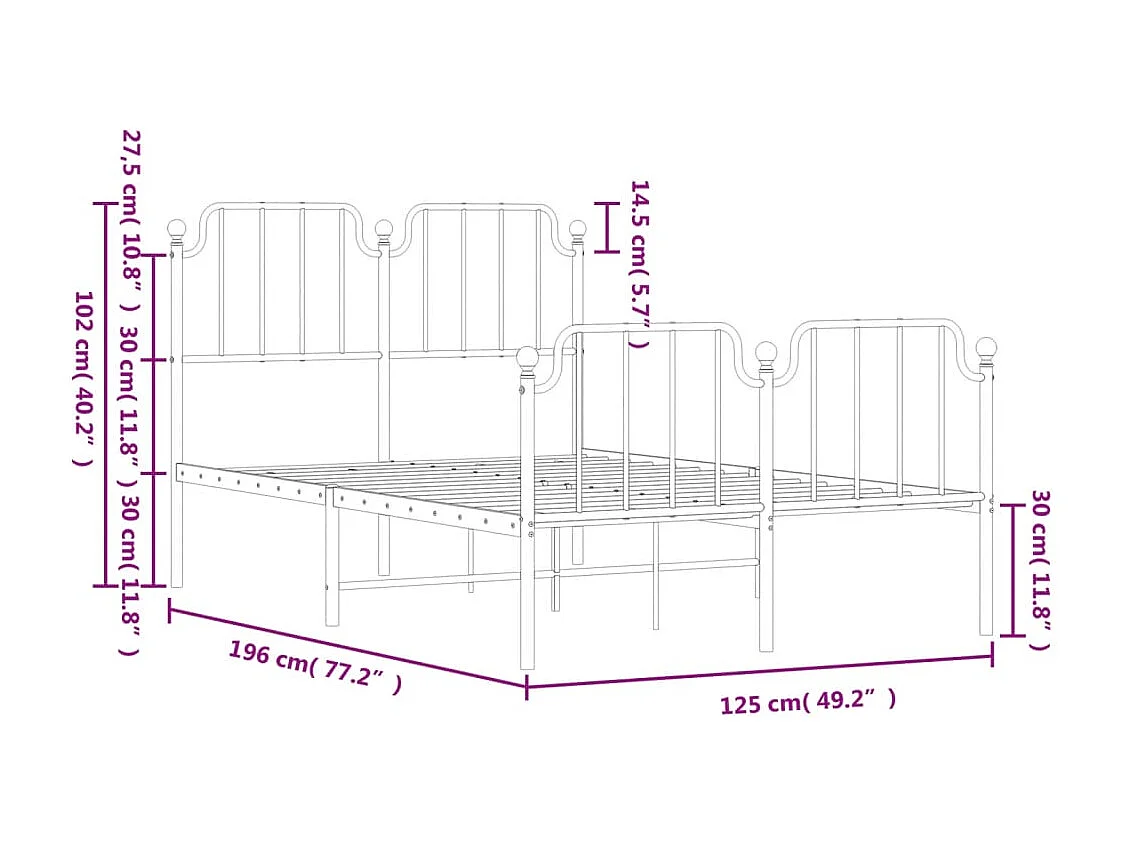 Estrutura de cama com cabeceira e pés 120x190 cm metal branco