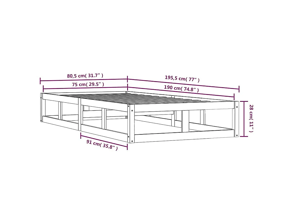 Cadre de lit sans matelas 75x190 cm bois massif