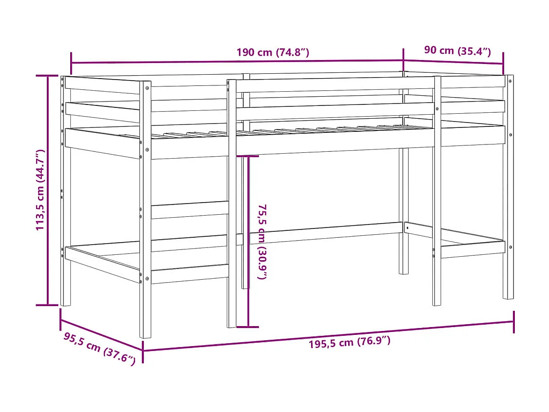 Letto a Soppalco con Tunnel Bambini Rosa 90x190cm Massello Pino