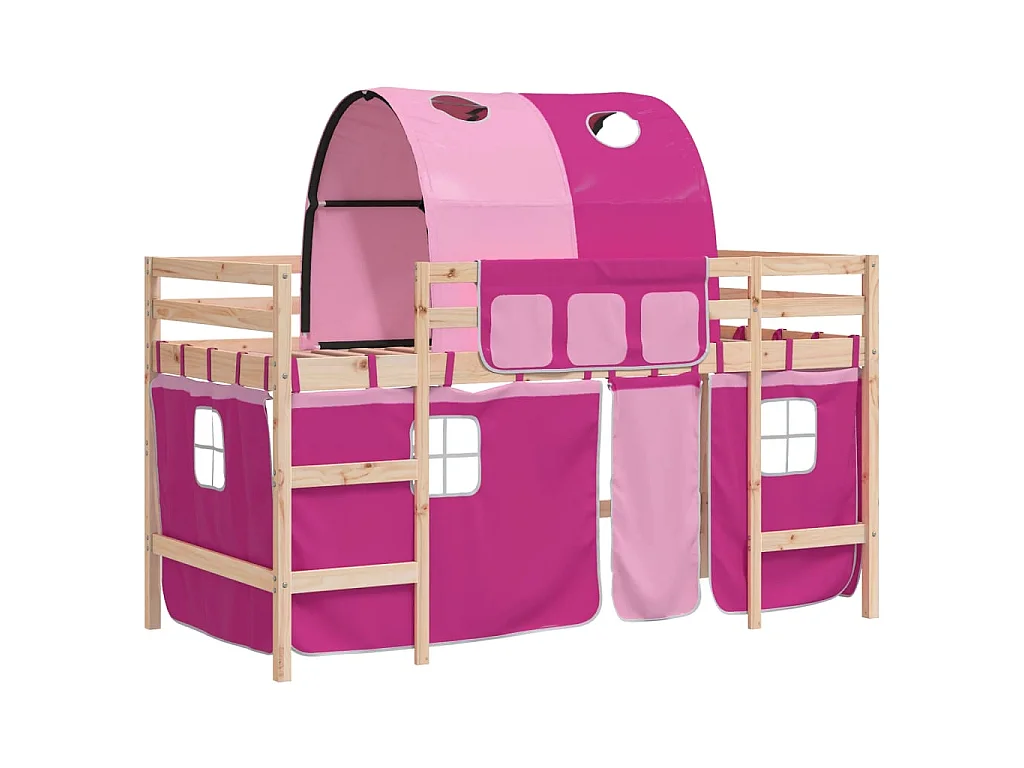 Letto a Soppalco con Tunnel Bambini Rosa 90x190cm Massello Pino