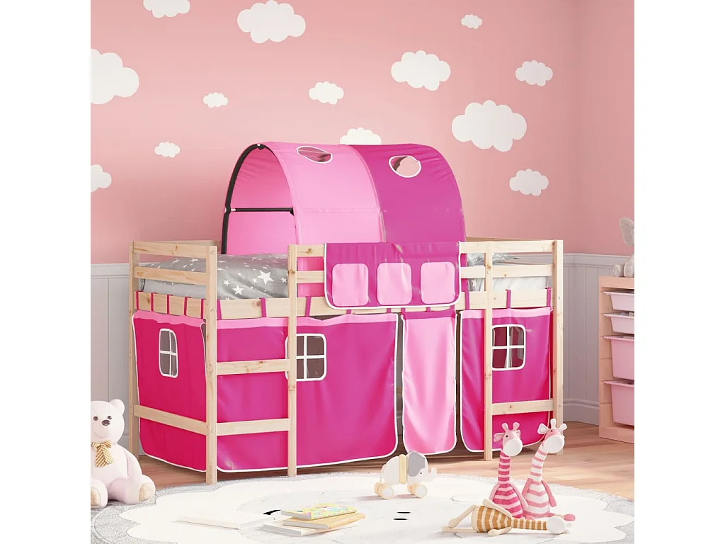 Letto a Soppalco con Tunnel Bambini Rosa 90x190cm Massello Pino
