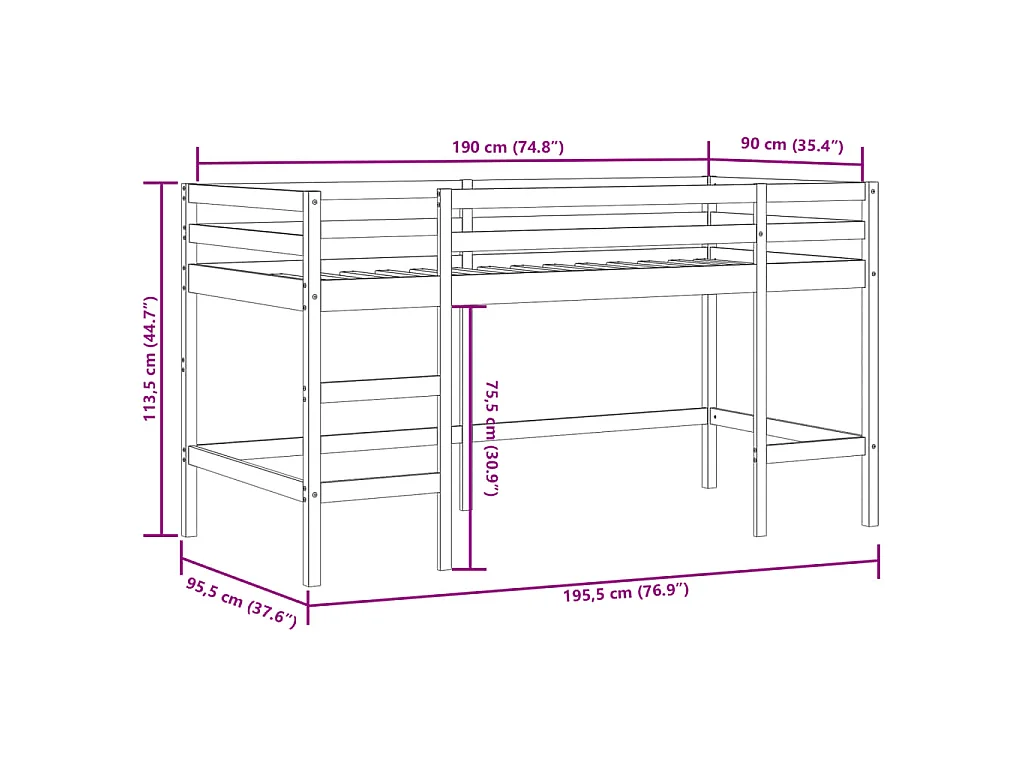 Letto a Soppalco con Tunnel Bambini Rosa 90x190cm Massello Pino