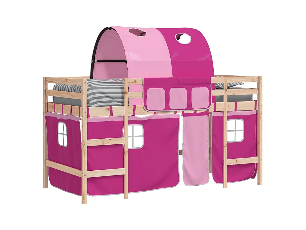 Letto a Soppalco con Tunnel Bambini Rosa 90x190cm Massello Pino