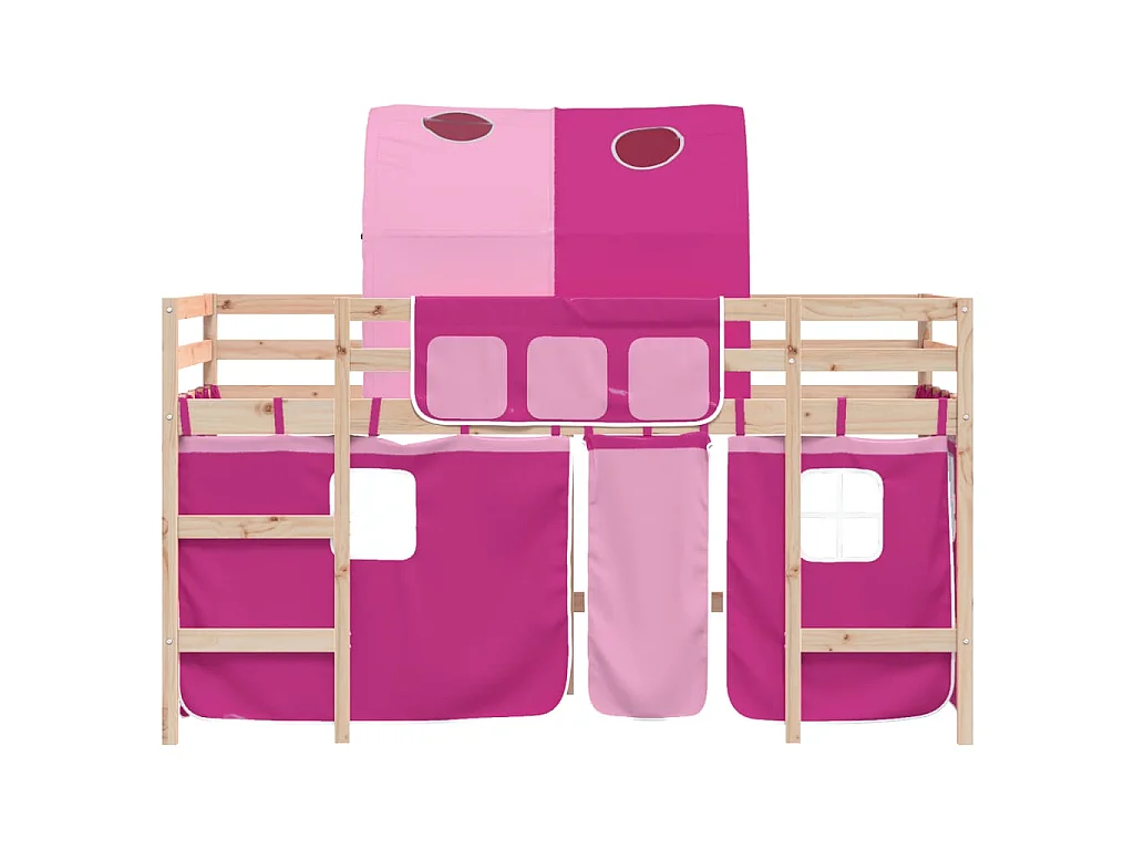 Letto a Soppalco con Tunnel Bambini Rosa 90x190cm Massello Pino