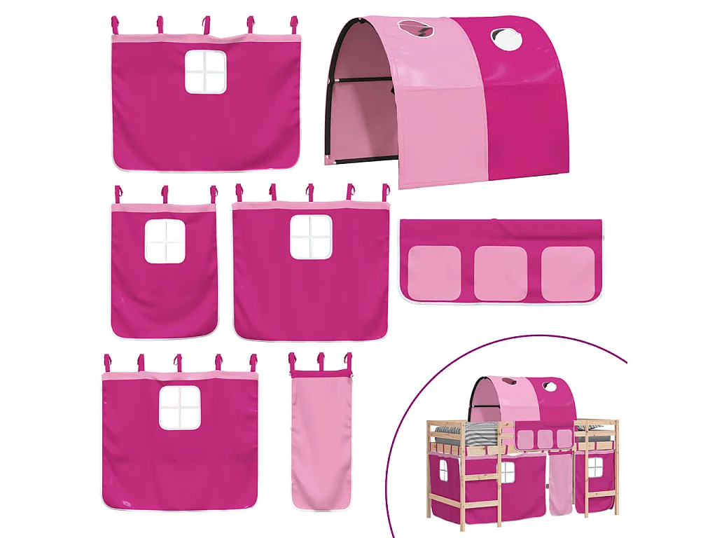 Letto a Soppalco con Tunnel Bambini Rosa 90x190cm Massello Pino