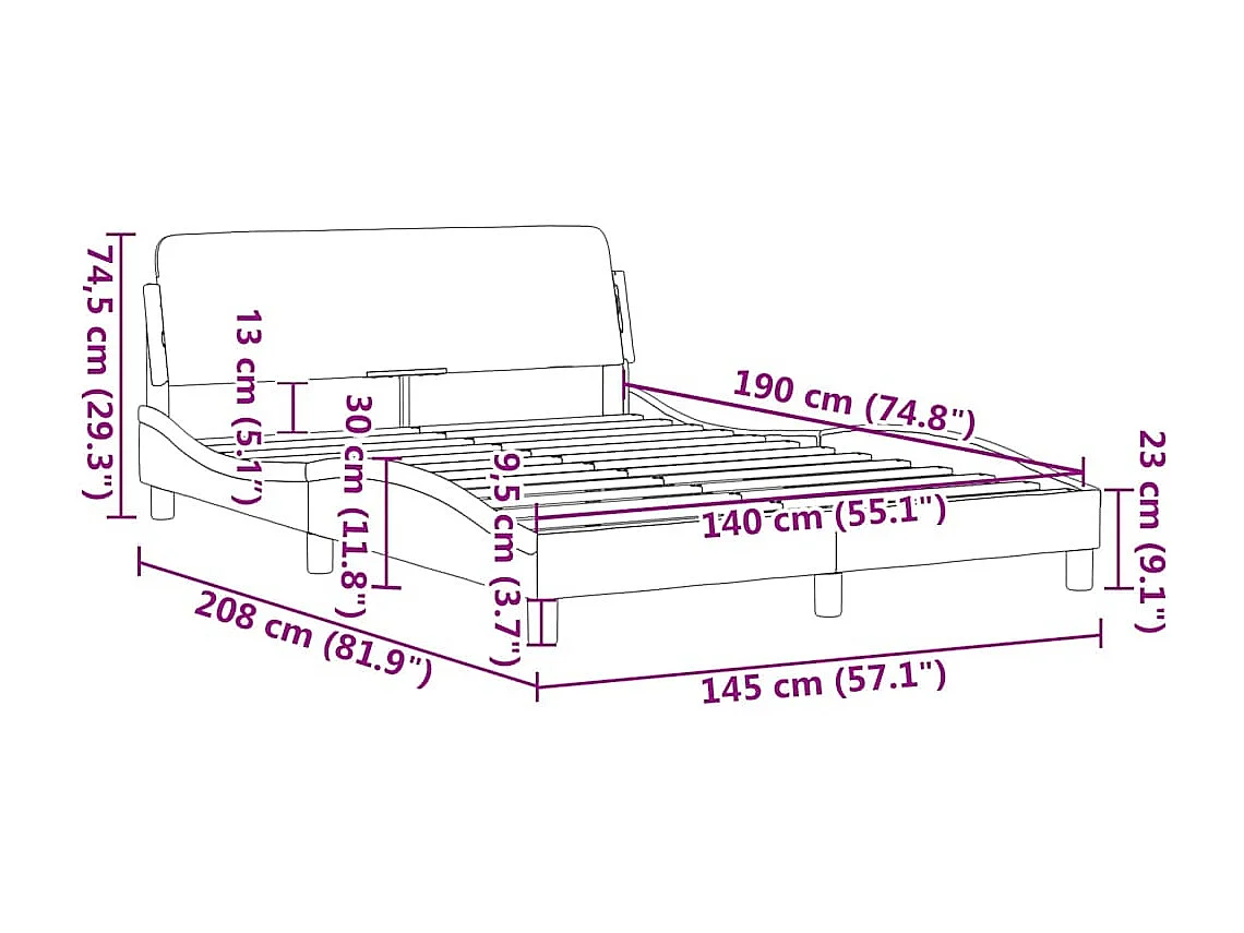 Cadre de lit Dover gris foncé 140x190 cm velours