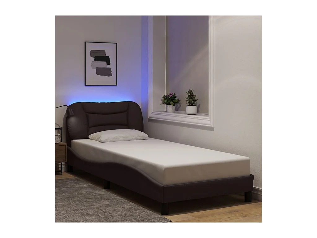 Cadre de lit avec LED sans matelas marron foncé 90x190 cm tissu