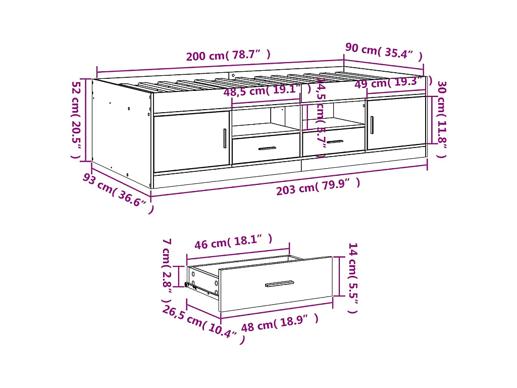 Lit de jour avec tiroirs sans matelas chêne sonoma 90x200 cm