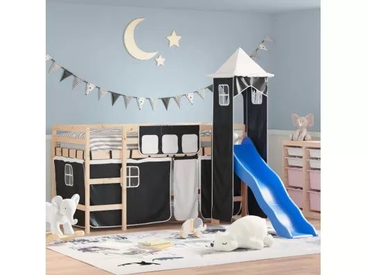 Kauf Unique Kinderhochbett mit Turm Weiß & Schwarz 80x200 cm Kiefernholz