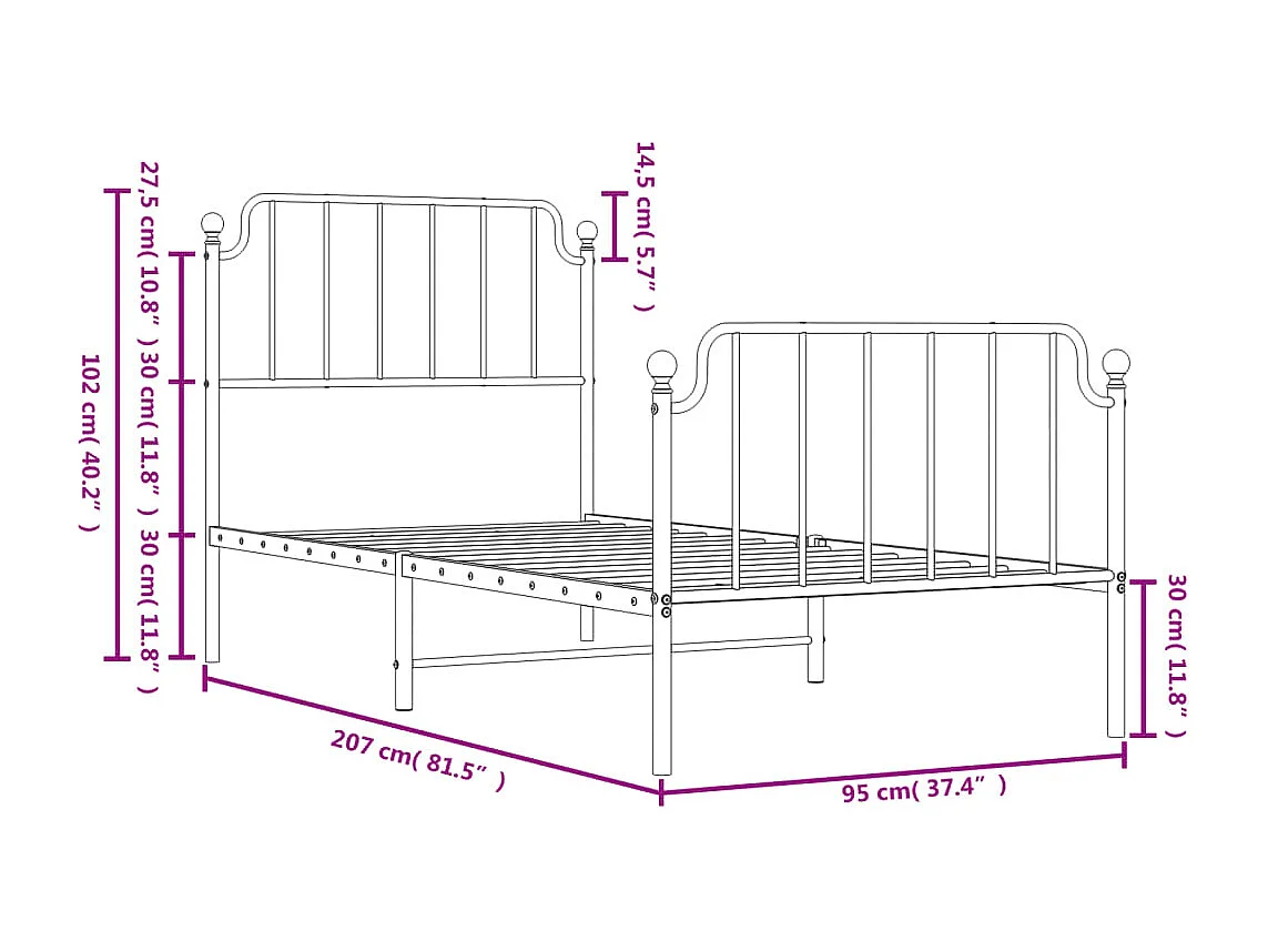 Cadre de lit métal sans matelas avec pied de lit blanc 90x200cm