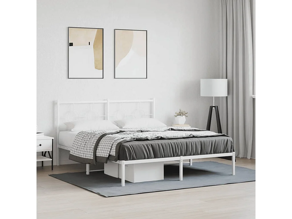 Cadre de lit métal sans matelas et tête de lit blanc 160x200 cm