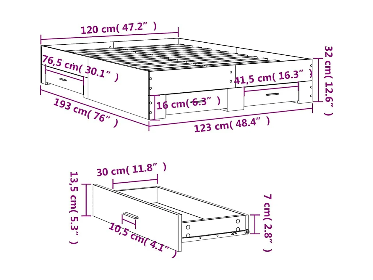 Cadre de lit avec tiroirs sans matelas sonoma gris 120x190 cm
