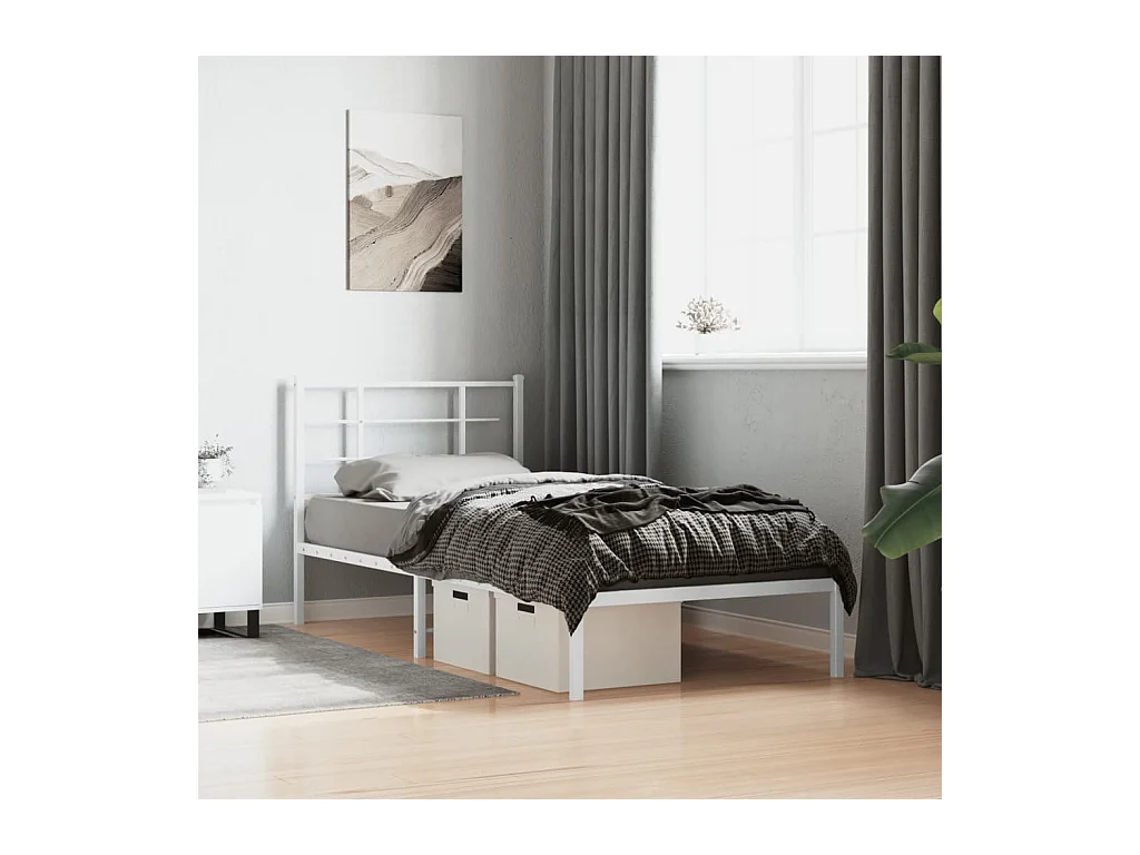 Cadre de lit métal sans matelas avec tête de lit blanc 90x200cm