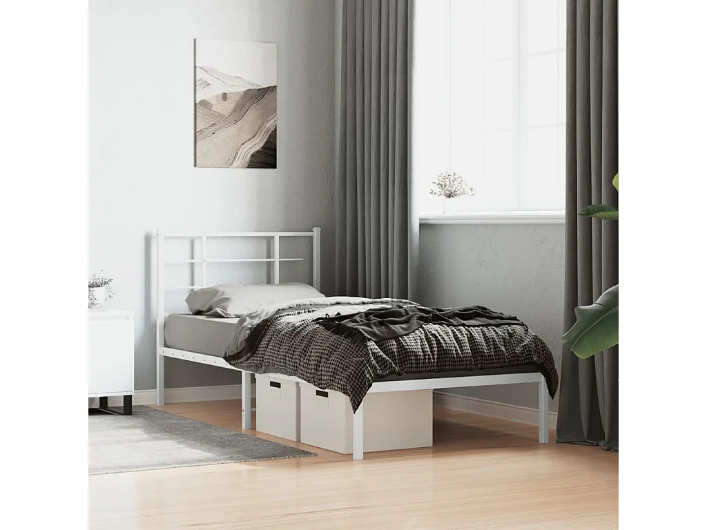 Cadre de lit métal sans matelas avec tête de lit blanc 90x200cm