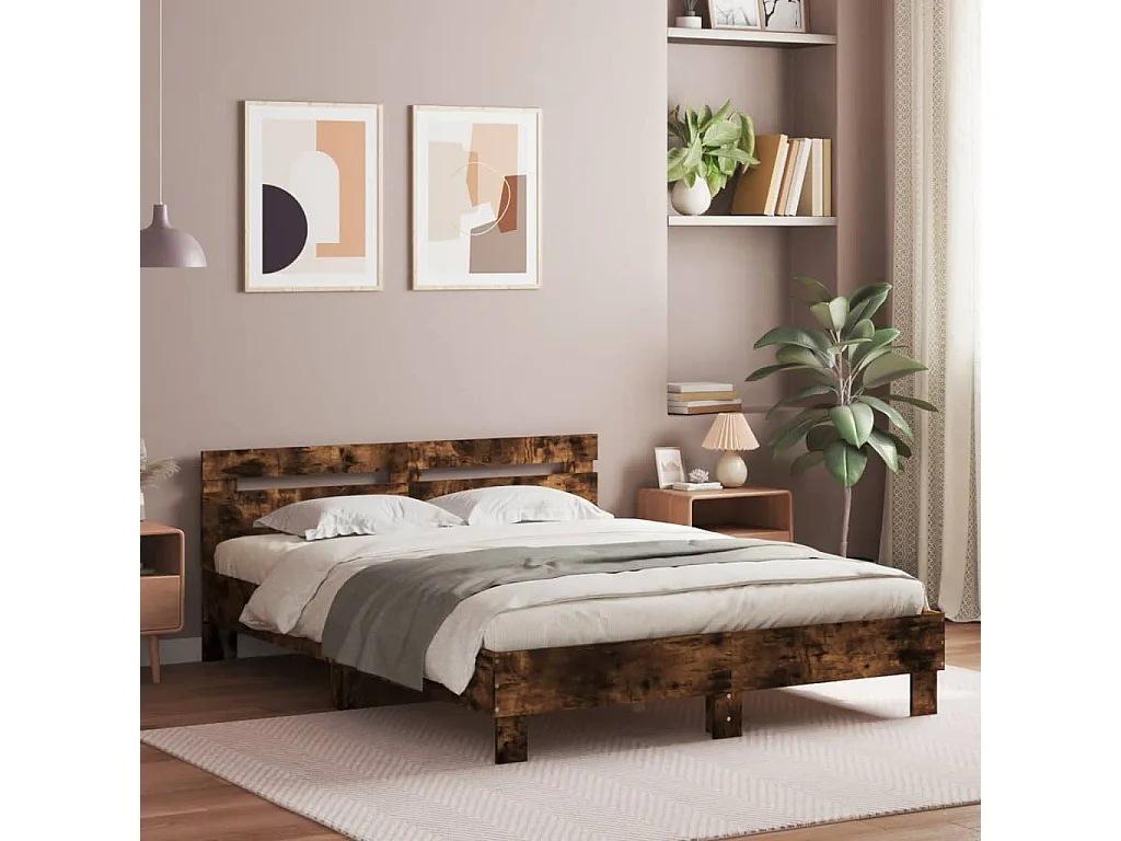 Cama con cabecero madera de ingeniería roble ahumado 140x200 cm