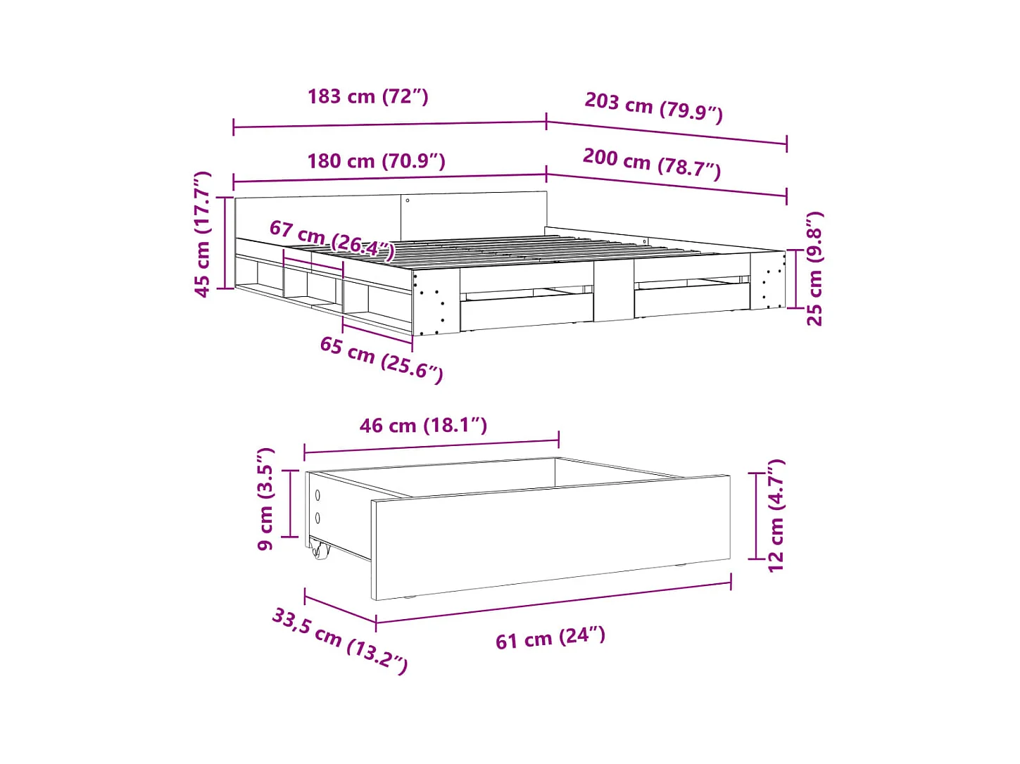 Bedframe met lades bewerkt hout betongrijs 180x200 cm