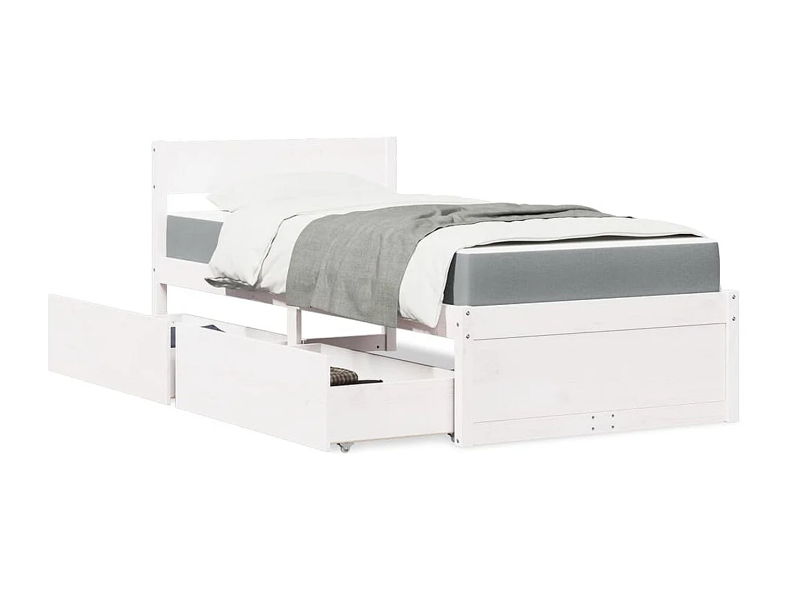 Letto Cassetti e Materasso Bianco 90x200 cm Legno Massello Pino