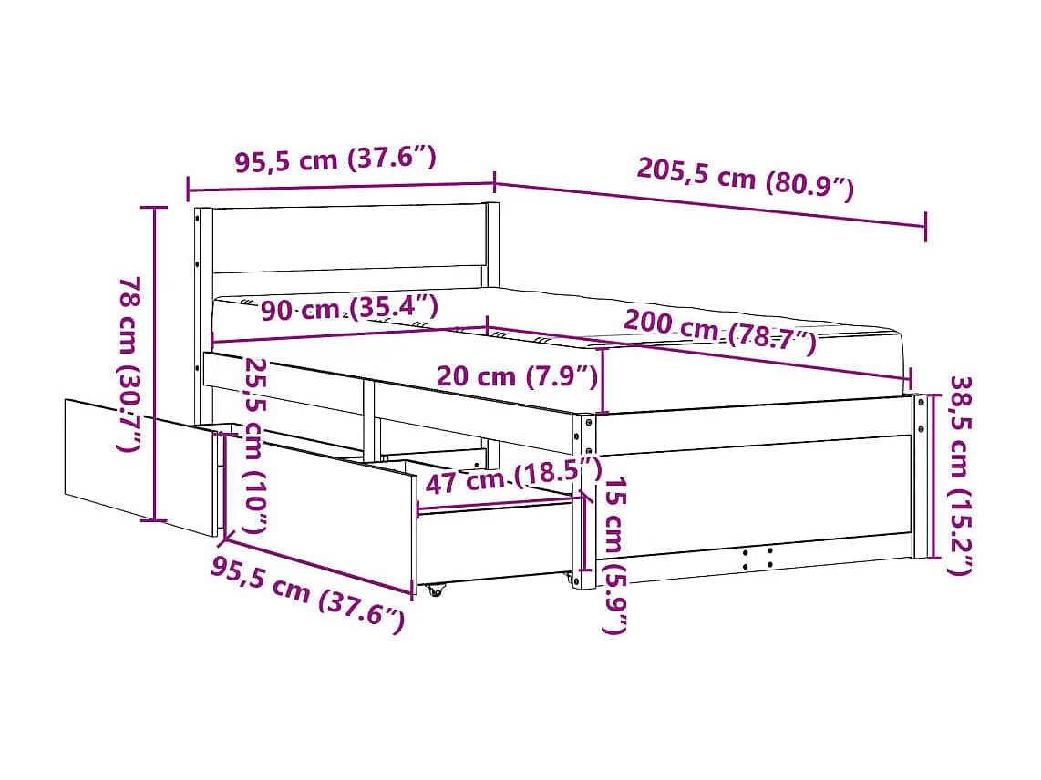 Letto Cassetti e Materasso Bianco 90x200 cm Legno Massello Pino