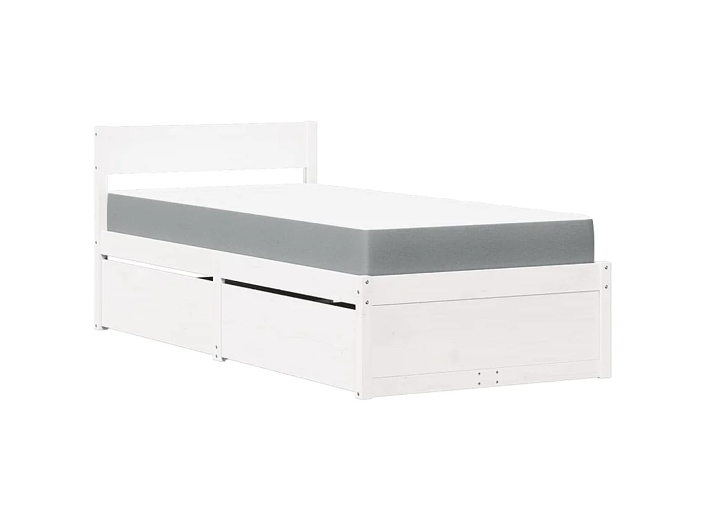 Letto Cassetti e Materasso Bianco 90x200 cm Legno Massello Pino