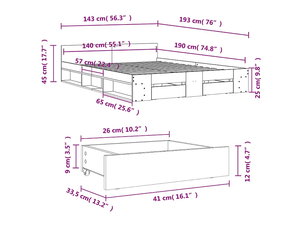 Bedframe met lades bewerkt hout grijs sonoma eiken 140x190 cm