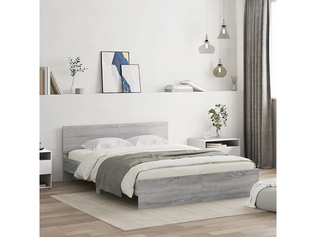 Bedframe met hoofdeinde en LED-licht grijs sonoma 160x200 cm